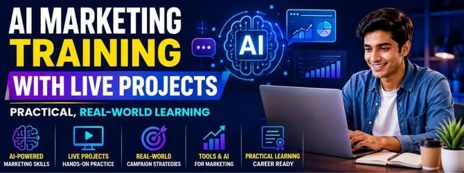 AI Marketing Training with Live Projects – Practical, Real-World Learning AI Marketing Training Course in India focused on practical AI tools, marketing automation, SEO, content and performance marketing.